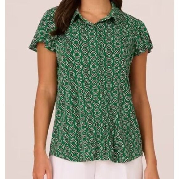 NEW Adrianna Papell Plus 1X Green Geometric Flutter Sleeve Blouse Top - Picture 1 of 8